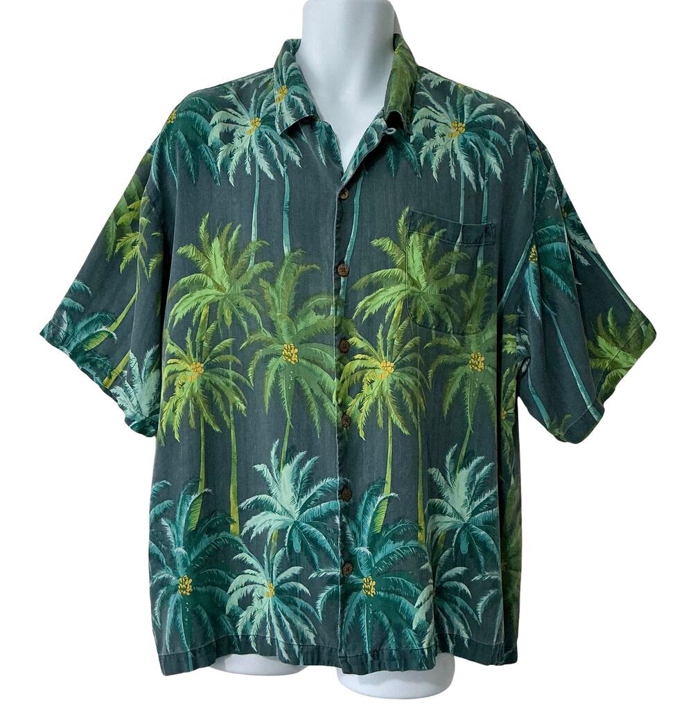 Tommy Bahama Vintage Tropical Hawaiian Palm Tree Button Down Silk Dress Shirt XL